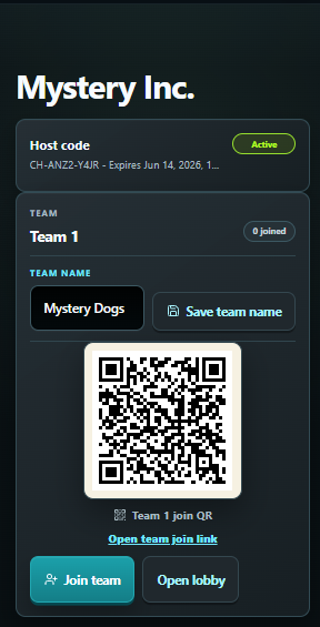 ClueHop Game Organizer screen with a Player Join Code